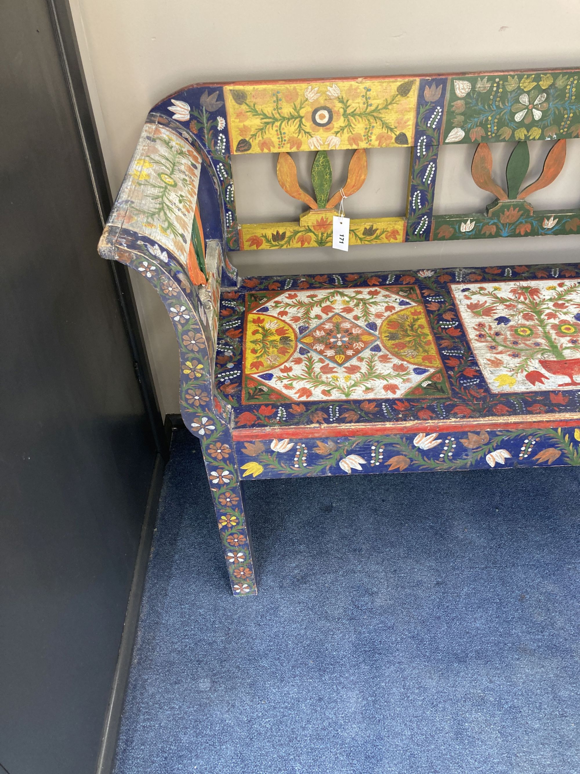 A Bohemian painted wooden bench, length 266cm, depth 51cm, height 87cm